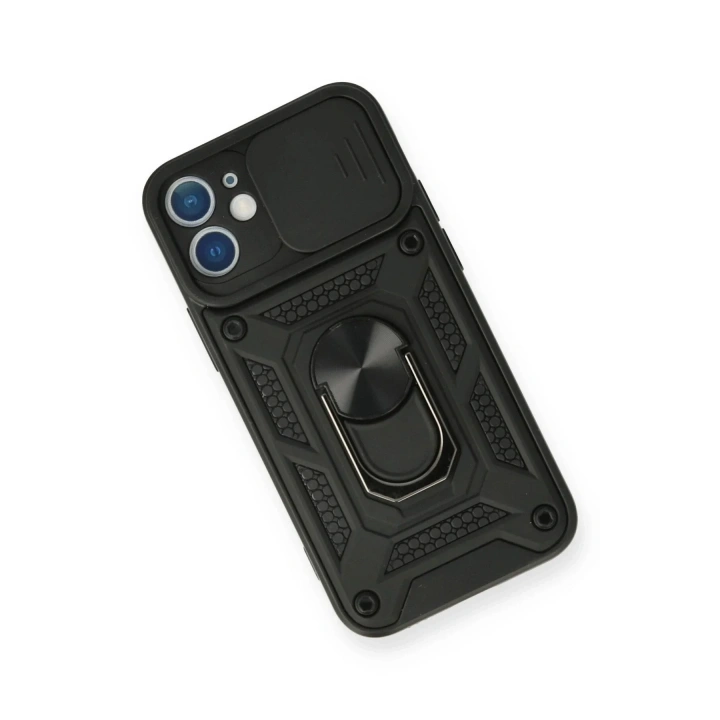 Mey İthalat®  iPhone 12 Mini Kılıf Pars Lens Yüzüklü Silikon - Siyah