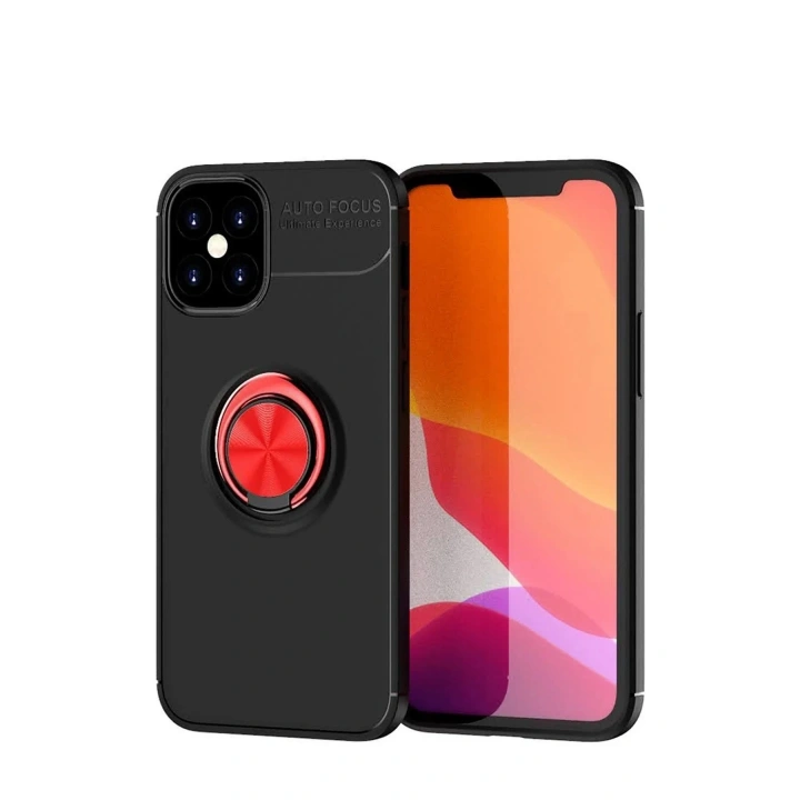 Mey İthalat®  iPhone 12 Mini Kılıf Range Yüzüklü Silikon - Siyah-Kırmızı