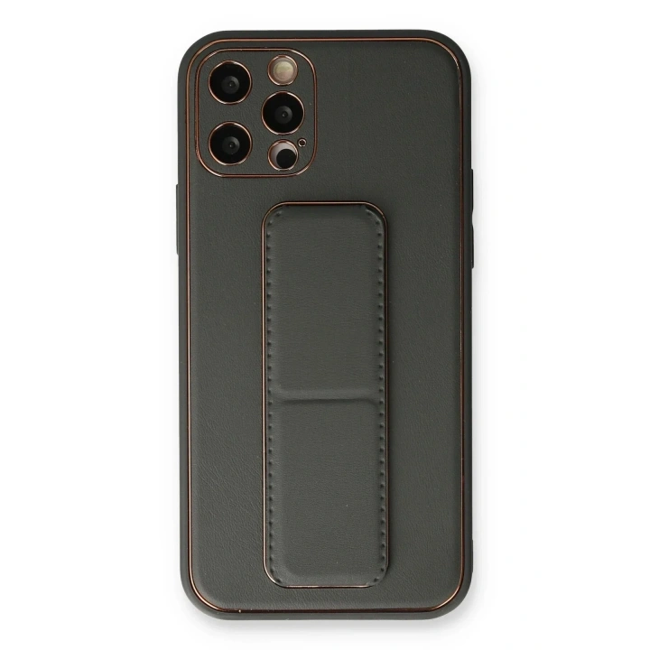 Mey İthalat®  iPhone 12 Pro Kılıf Coco Deri Standlı Kapak - Füme
