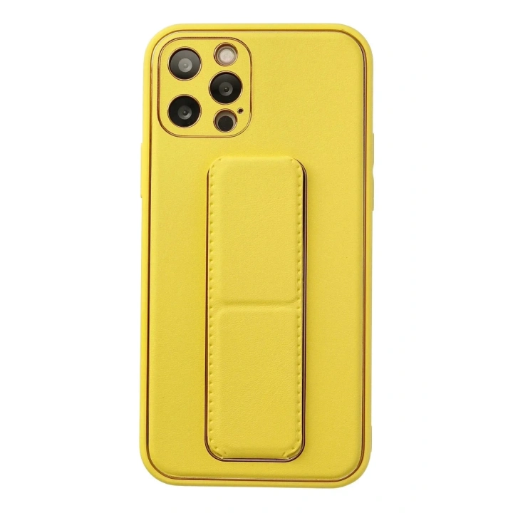 Mey İthalat®  iPhone 12 Pro Kılıf Coco Deri Standlı Kapak - Sarı