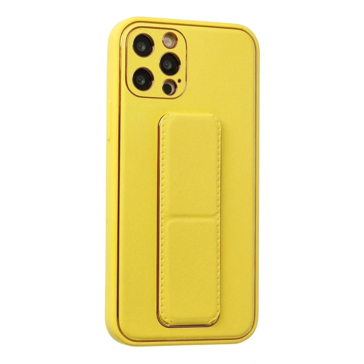 Mey İthalat®  iPhone 12 Pro Kılıf Coco Deri Standlı Kapak - Sarı