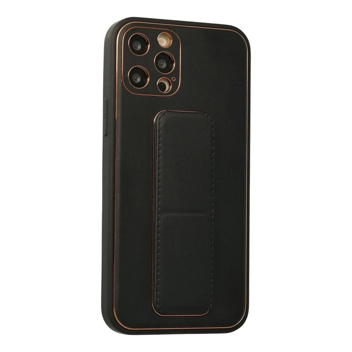 Mey İthalat®  iPhone 12 Pro Kılıf Coco Deri Standlı Kapak - Siyah