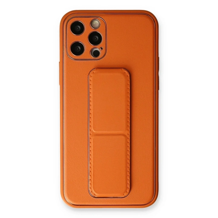 Mey İthalat®  iPhone 12 Pro Kılıf Coco Deri Standlı Kapak - Turuncu