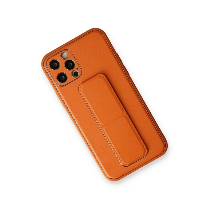 Mey İthalat®  iPhone 12 Pro Kılıf Coco Deri Standlı Kapak - Turuncu