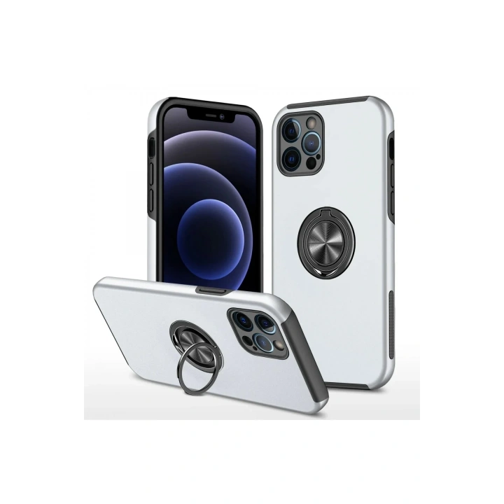 Mey İthalat®  iPhone 12 Pro Kılıf Elit Yüzüklü Kapak - Gümüş