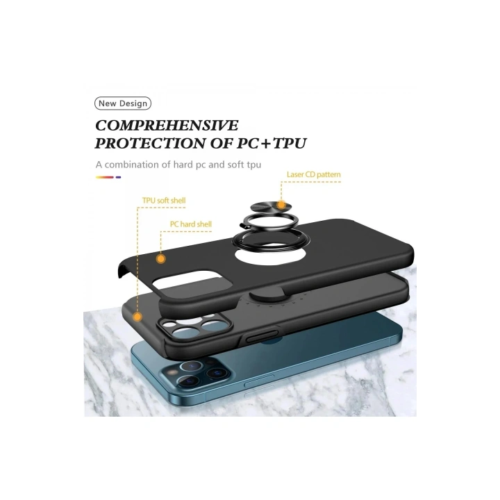 Mey İthalat®  iPhone 12 Pro Kılıf Elit Yüzüklü Kapak - Siyah