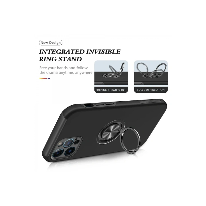 Mey İthalat®  iPhone 12 Pro Kılıf Elit Yüzüklü Kapak - Siyah