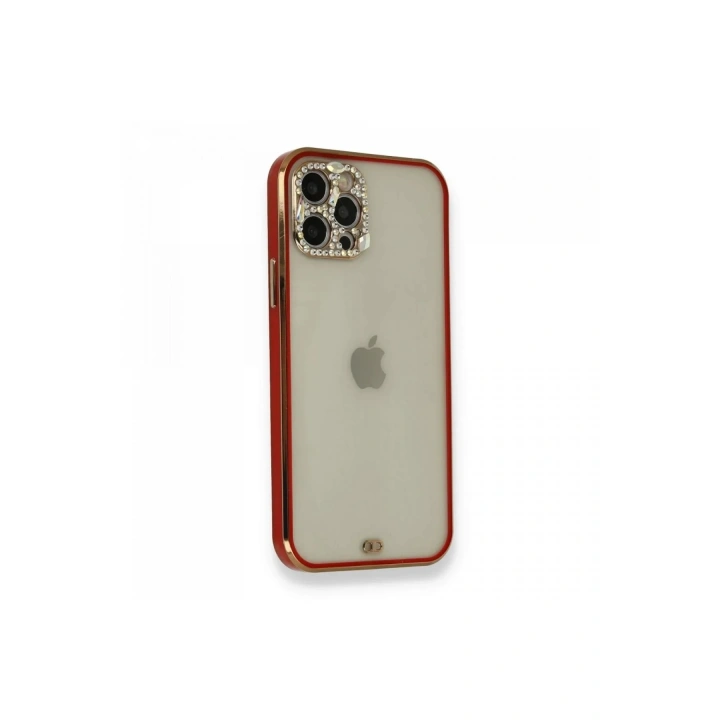 Mey İthalat®  iPhone 12 Pro Kılıf Liva Taşlı Silikon - Kırmızı