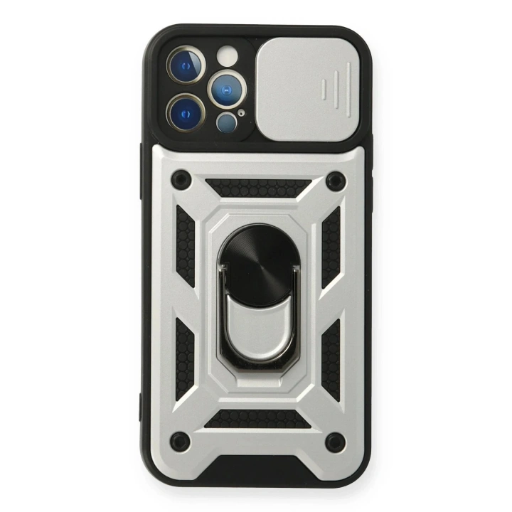 Mey İthalat®  iPhone 12 Pro Kılıf Pars Lens Yüzüklü Silikon - Gümüş