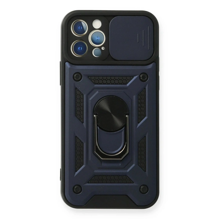 Mey İthalat®  iPhone 12 Pro Kılıf Pars Lens Yüzüklü Silikon - Lacivert