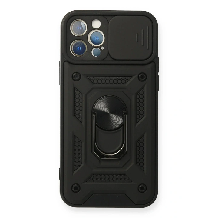 Mey İthalat®  iPhone 12 Pro Kılıf Pars Lens Yüzüklü Silikon - Siyah