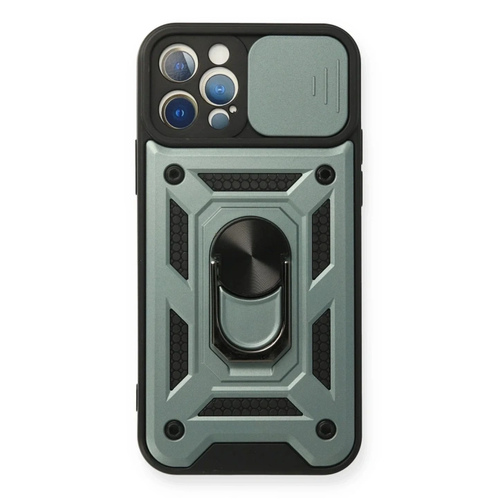 Mey İthalat®  iPhone 12 Pro Kılıf Pars Lens Yüzüklü Silikon - Yeşil