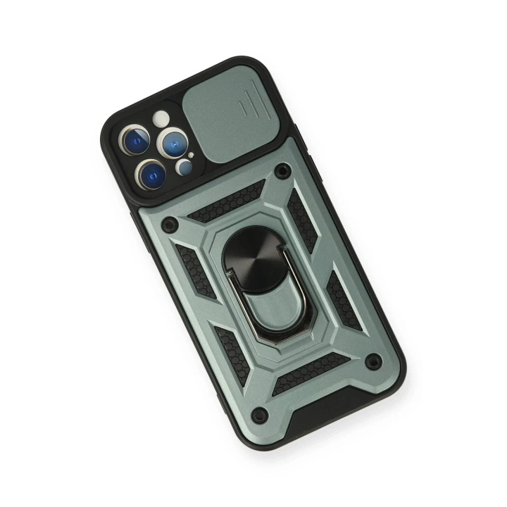 Mey İthalat®  iPhone 12 Pro Kılıf Pars Lens Yüzüklü Silikon - Yeşil