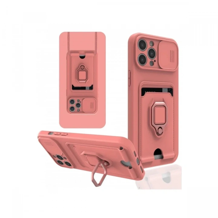 Mey İthalat®  iPhone 12 Pro Kılıf Zuma Kartvizitli Yüzüklü Silikon - Pembe