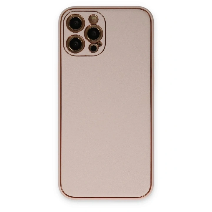 Mey İthalat®  iPhone 12 Pro Max Kılıf Coco Deri Silikon Kapak - Pudra