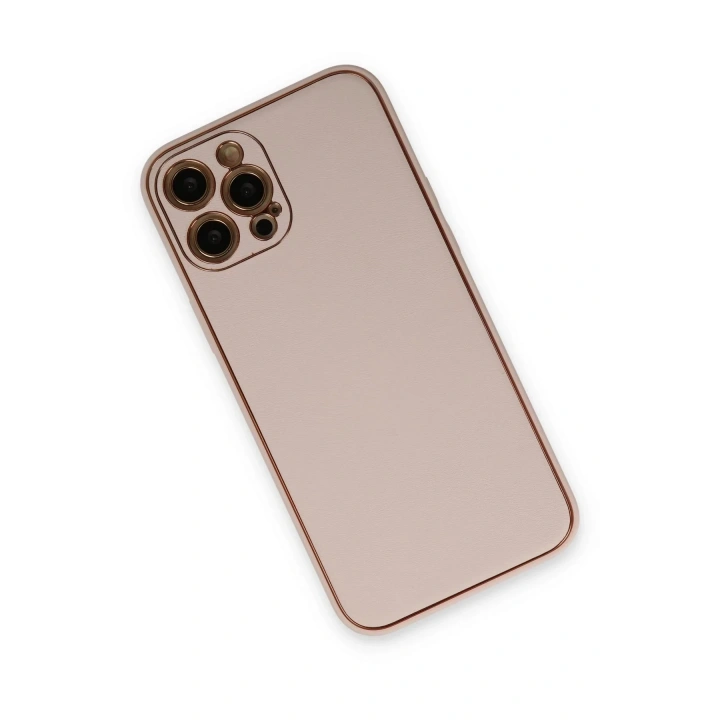 Mey İthalat®  iPhone 12 Pro Max Kılıf Coco Deri Silikon Kapak - Pudra