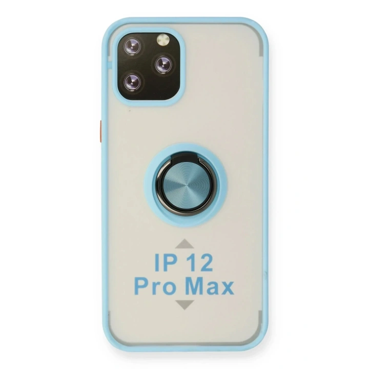 Mey İthalat®  iPhone 12 Pro Max Kılıf Montreal Yüzüklü Silikon Kapak - Buz Mavi