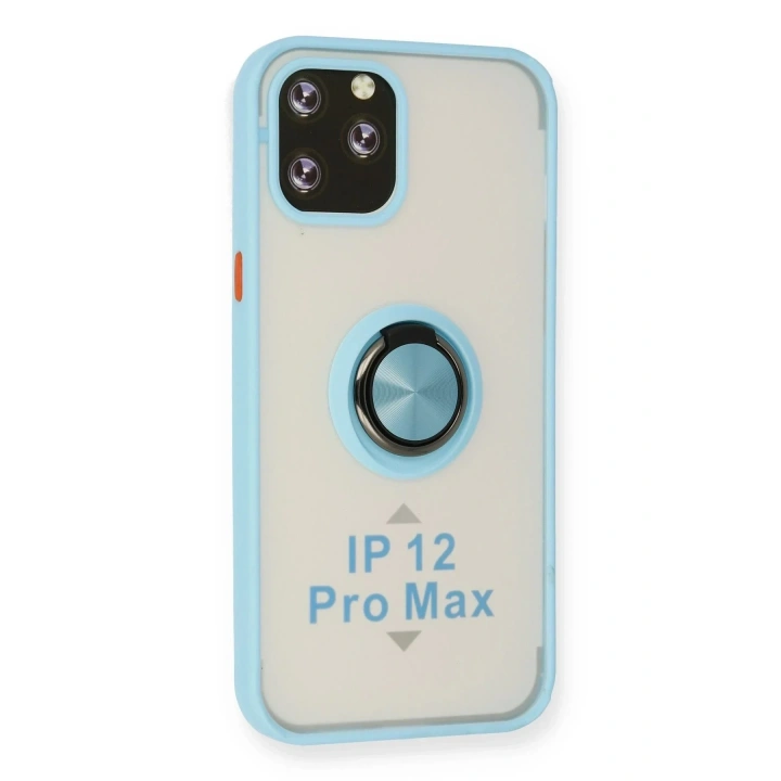 Mey İthalat®  iPhone 12 Pro Max Kılıf Montreal Yüzüklü Silikon Kapak - Buz Mavi