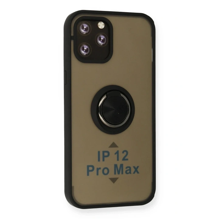 Mey İthalat®  iPhone 12 Pro Max Kılıf Montreal Yüzüklü Silikon Kapak - Siyah