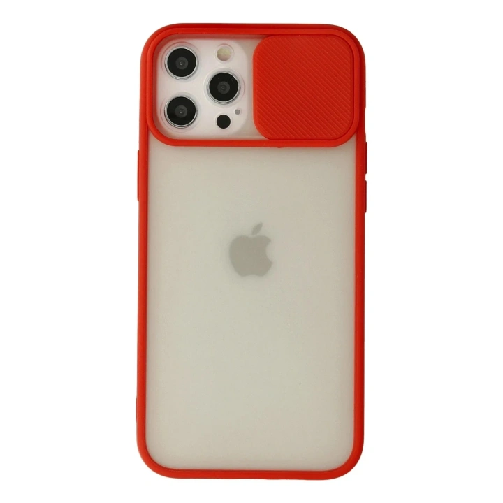 Mey İthalat®  iPhone 12 Pro Max Kılıf Palm Buzlu Kamera Sürgülü Silikon - Kırmızı