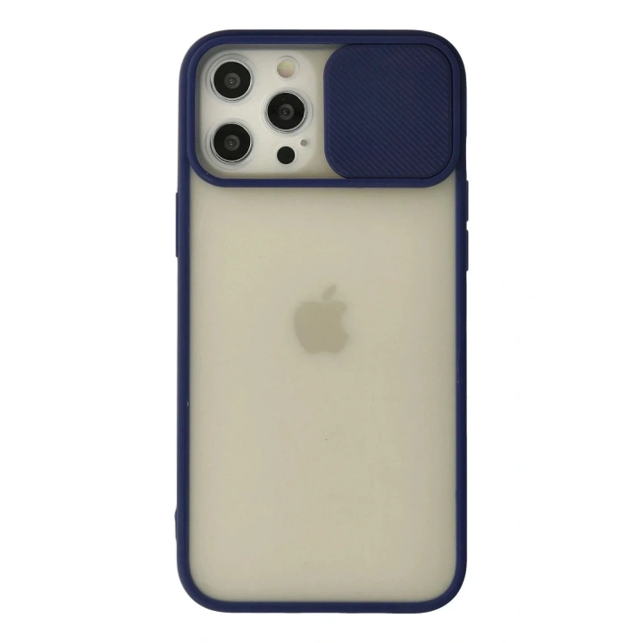 Mey İthalat®  iPhone 12 Pro Max Kılıf Palm Buzlu Kamera Sürgülü Silikon - Lacivert