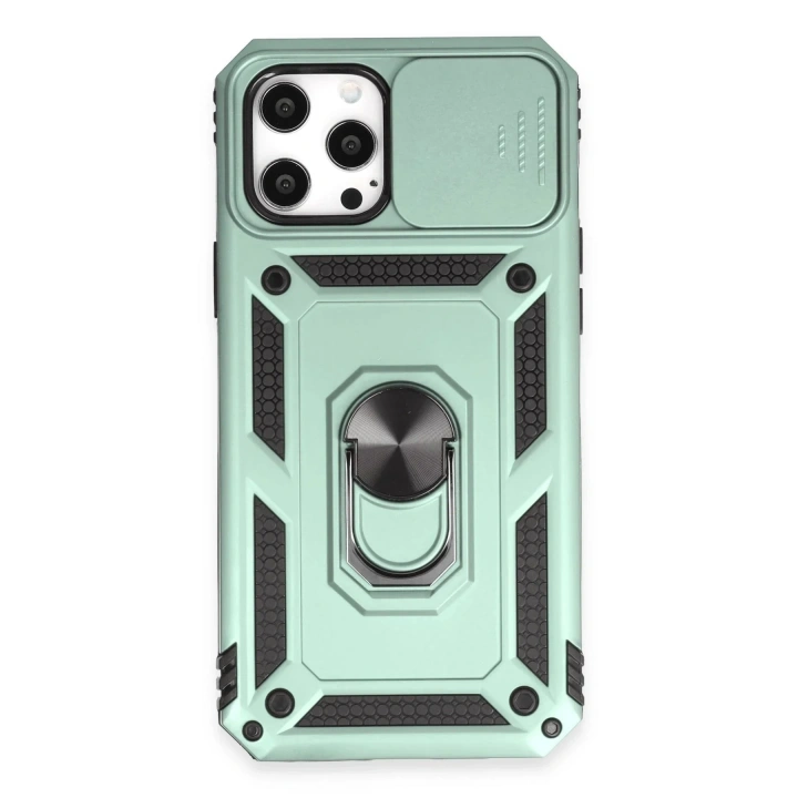 Mey İthalat®  iPhone 12 Pro Max Kılıf Pars Lens Yüzüklü Silikon - Yeşil