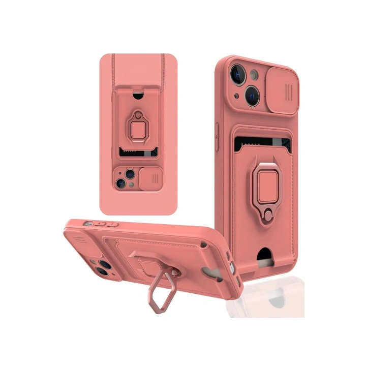 Mey İthalat®  iPhone 13 Kılıf Zuma Kartvizitli Yüzüklü Silikon - Pembe