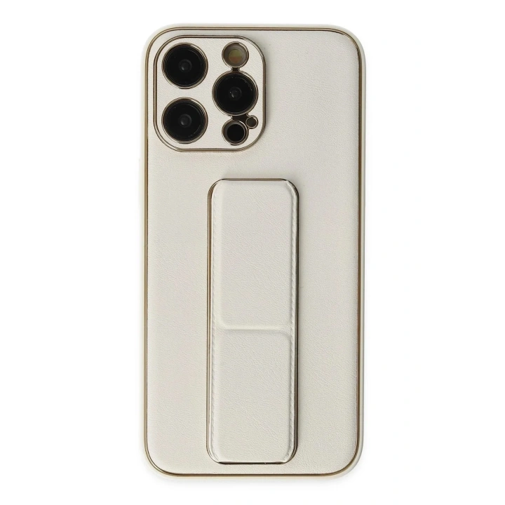 Mey İthalat®  iPhone 13 Pro Kılıf Coco Deri Standlı Kapak - Beyaz