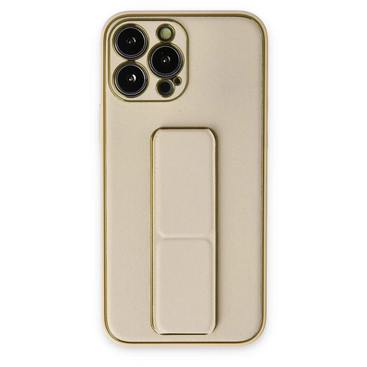Mey İthalat®  iPhone 13 Pro Kılıf Coco Deri Standlı Kapak - Gold