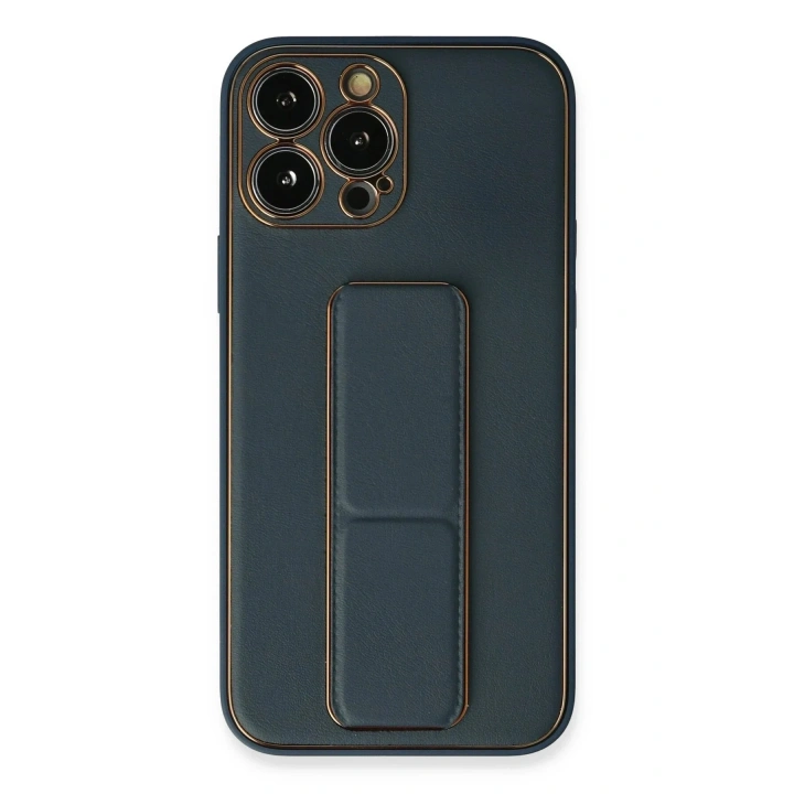 Mey İthalat®  iPhone 13 Pro Kılıf Coco Deri Standlı Kapak - Mavi