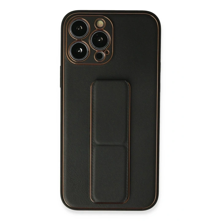Mey İthalat®  iPhone 13 Pro Kılıf Coco Deri Standlı Kapak - Siyah