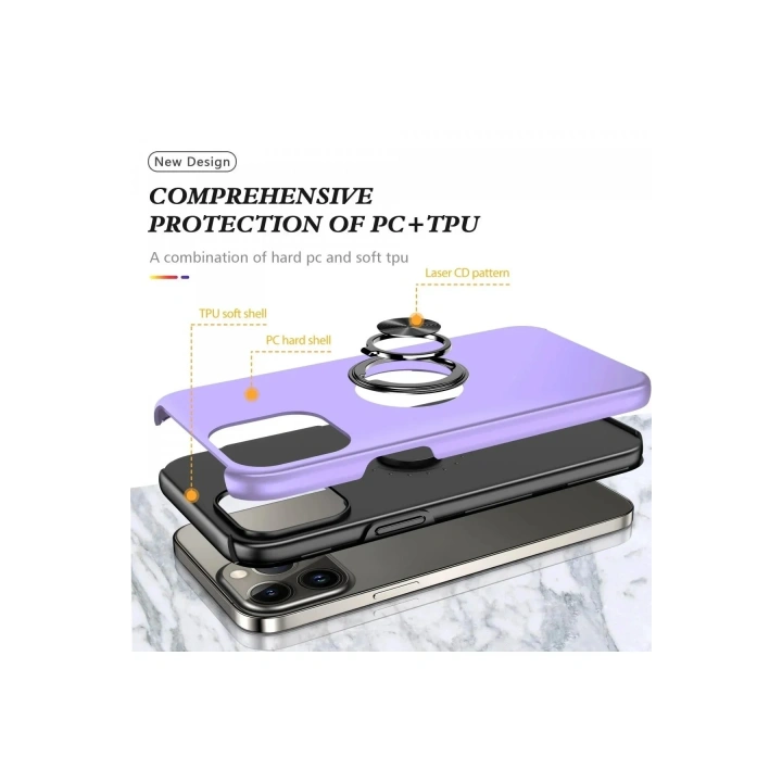Mey İthalat®  iPhone 13 Pro Kılıf Elit Yüzüklü Kapak - Mor