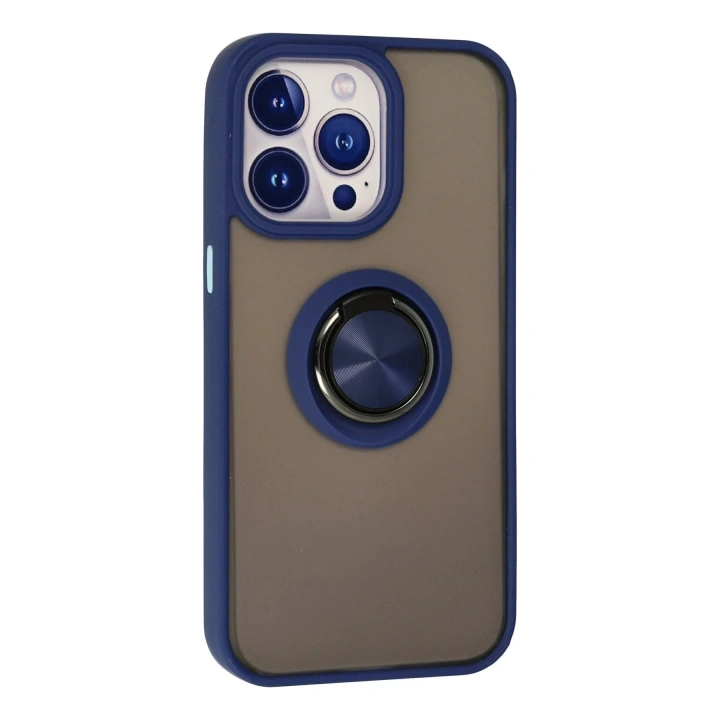 Mey İthalat®  iPhone 13 Pro Kılıf Montreal Yüzüklü Silikon Kapak - Lacivert