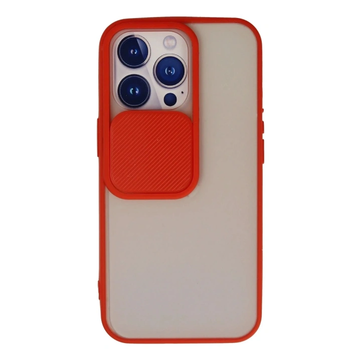 Mey İthalat®  iPhone 13 Pro Kılıf Palm Buzlu Kamera Sürgülü Silikon - Kırmızı