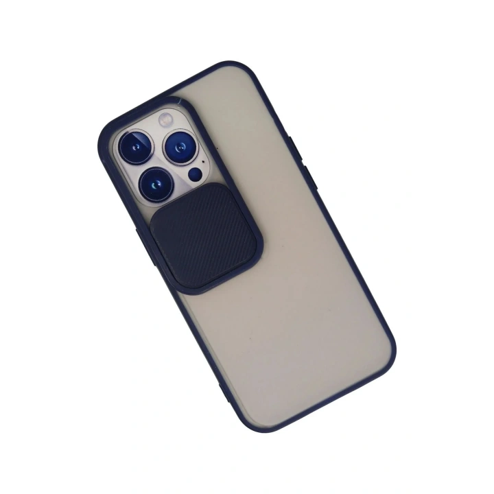 Mey İthalat®  iPhone 13 Pro Kılıf Palm Buzlu Kamera Sürgülü Silikon - Lacivert
