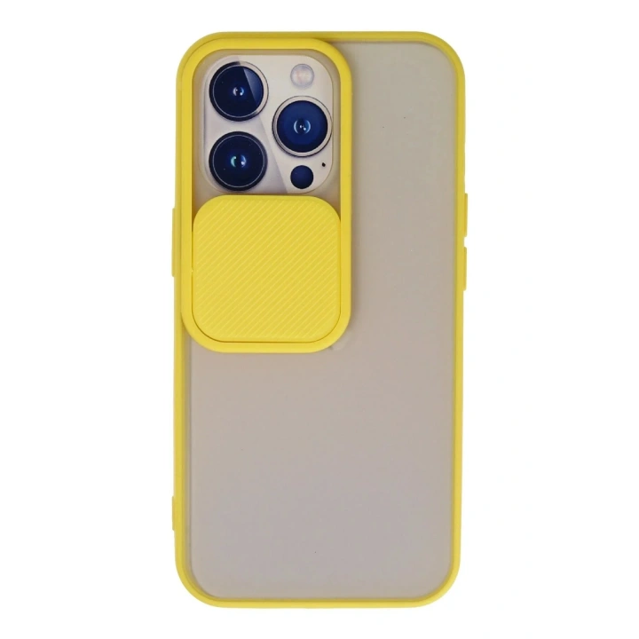 Mey İthalat®  iPhone 13 Pro Kılıf Palm Buzlu Kamera Sürgülü Silikon - Sarı