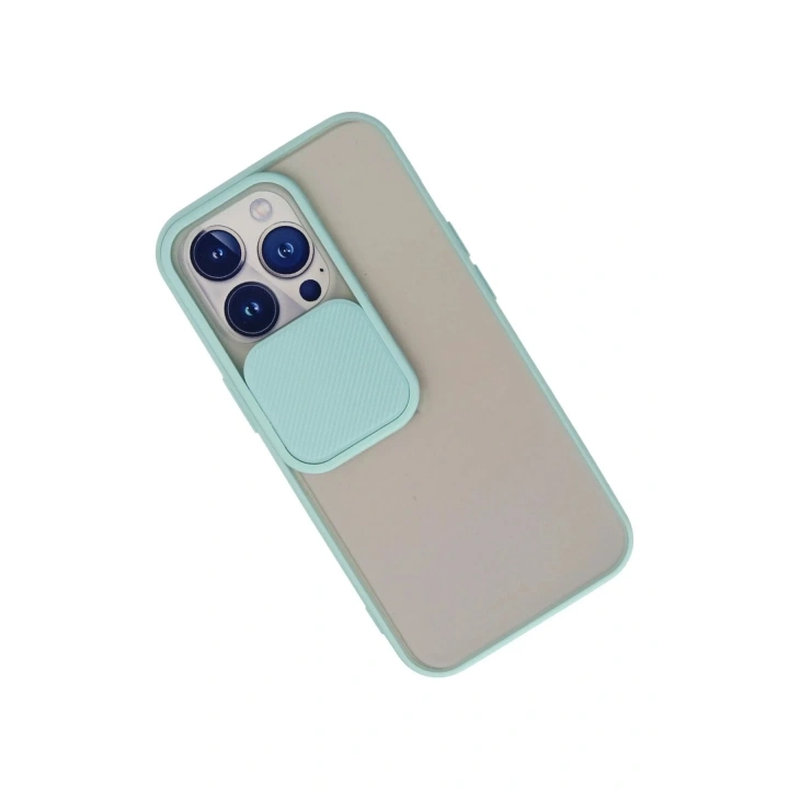 Mey İthalat®  iPhone 13 Pro Kılıf Palm Buzlu Kamera Sürgülü Silikon - Turkuaz