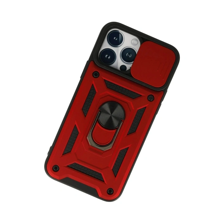 Mey İthalat®  iPhone 13 Pro Kılıf Pars Lens Yüzüklü Silikon - Kırmızı