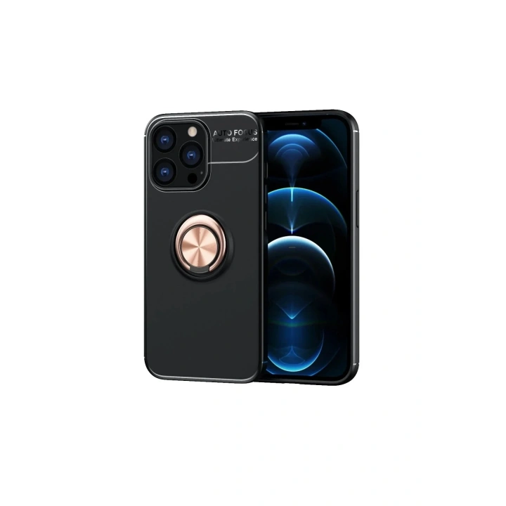 Mey İthalat®  iPhone 13 Pro Kılıf Range Yüzüklü Silikon - Siyah-Gold