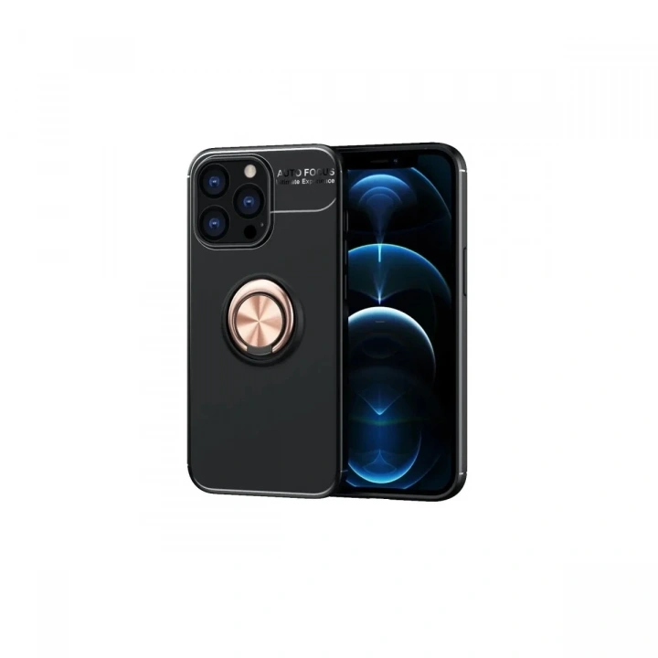 Mey İthalat®  iPhone 13 Pro Kılıf Range Yüzüklü Silikon - Siyah-Gold