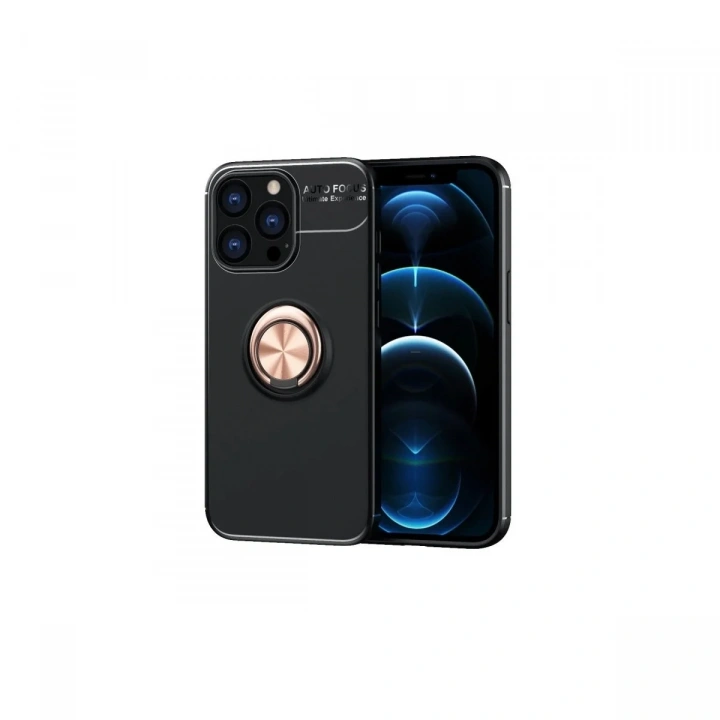 Mey İthalat®  iPhone 13 Pro Kılıf Range Yüzüklü Silikon - Siyah-Gold