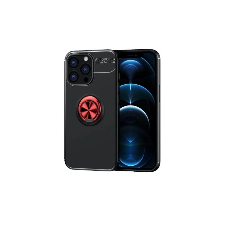 Mey İthalat®  iPhone 13 Pro Kılıf Range Yüzüklü Silikon - Siyah-Kırmızı