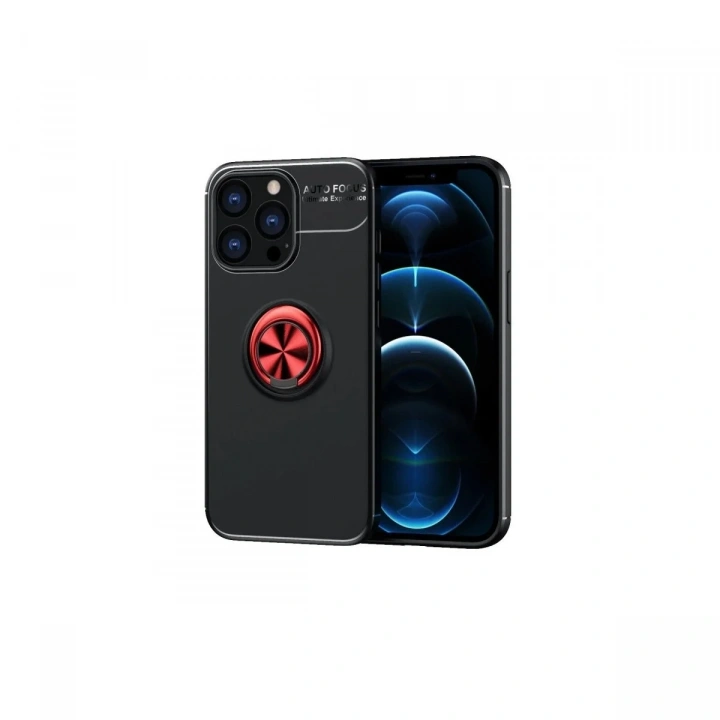Mey İthalat®  iPhone 13 Pro Kılıf Range Yüzüklü Silikon - Siyah-Kırmızı