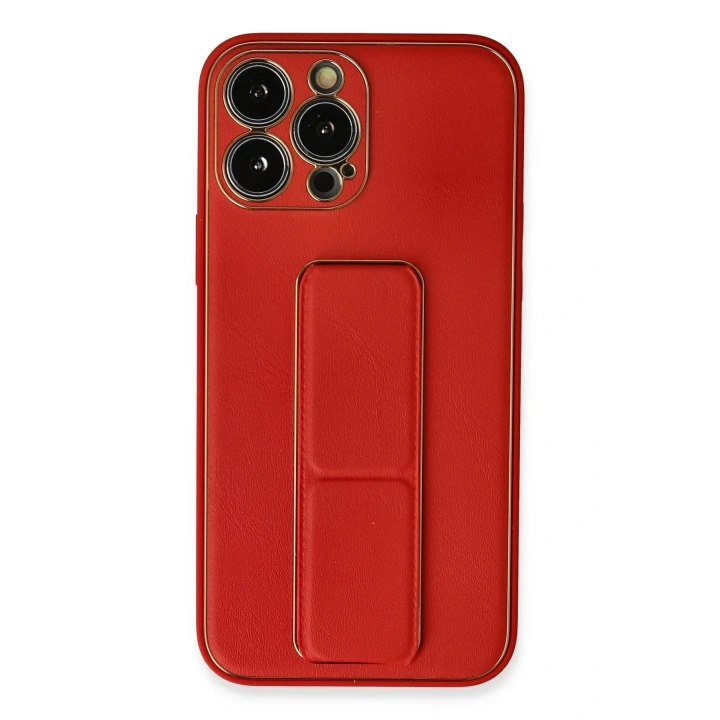 Mey İthalat®  iPhone 13 Pro Max Kılıf Coco Deri Standlı Kapak - Kırmızı