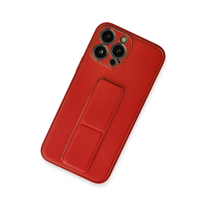Mey İthalat®  iPhone 13 Pro Max Kılıf Coco Deri Standlı Kapak - Kırmızı