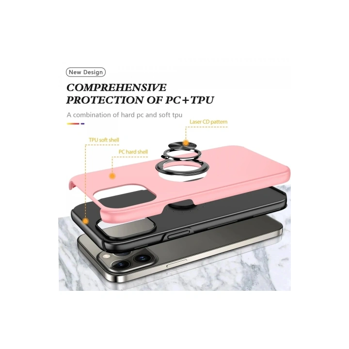 Mey İthalat®  iPhone 13 Pro Max Kılıf Elit Yüzüklü Kapak - Pembe