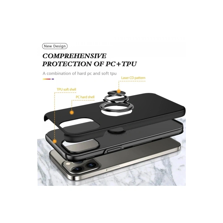 Mey İthalat®  iPhone 13 Pro Max Kılıf Elit Yüzüklü Kapak - Siyah