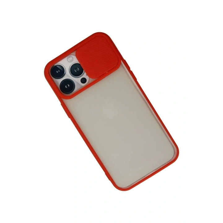 Mey İthalat®  iPhone 13 Pro Max Kılıf Palm Buzlu Kamera Sürgülü Silikon - Kırmızı