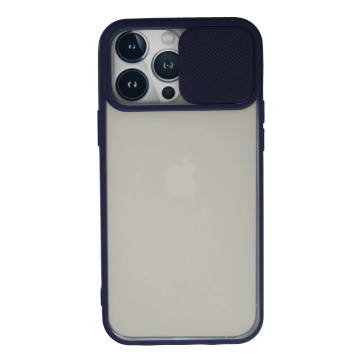 Mey İthalat®  iPhone 13 Pro Max Kılıf Palm Buzlu Kamera Sürgülü Silikon - Lacivert