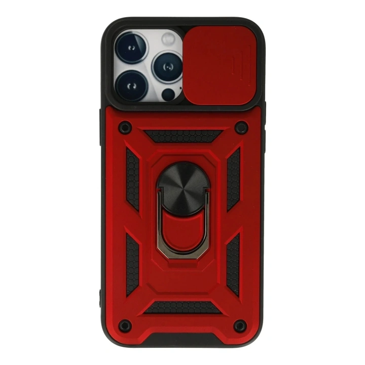 Mey İthalat®  iPhone 13 Pro Max Kılıf Pars Lens Yüzüklü Silikon - Kırmızı